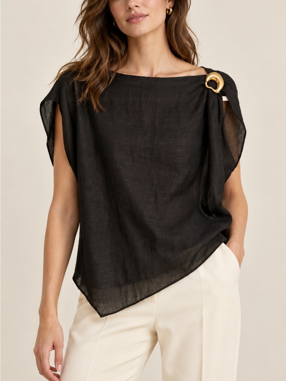 Massimo Dutti Chocolate Linen Blend Gold Ring Shoulder Blouse Made Portugal